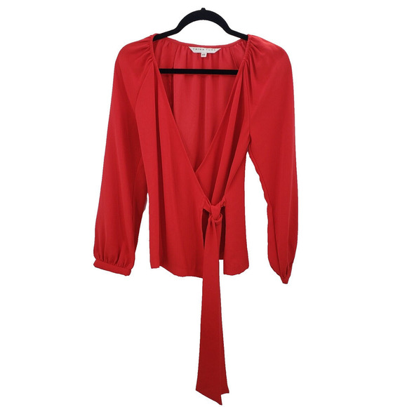 Trina Turk Red Wrap Blouse Womens Size XS V Neck Long Sleeve Tie Waist Top - Picture 1 of 10
